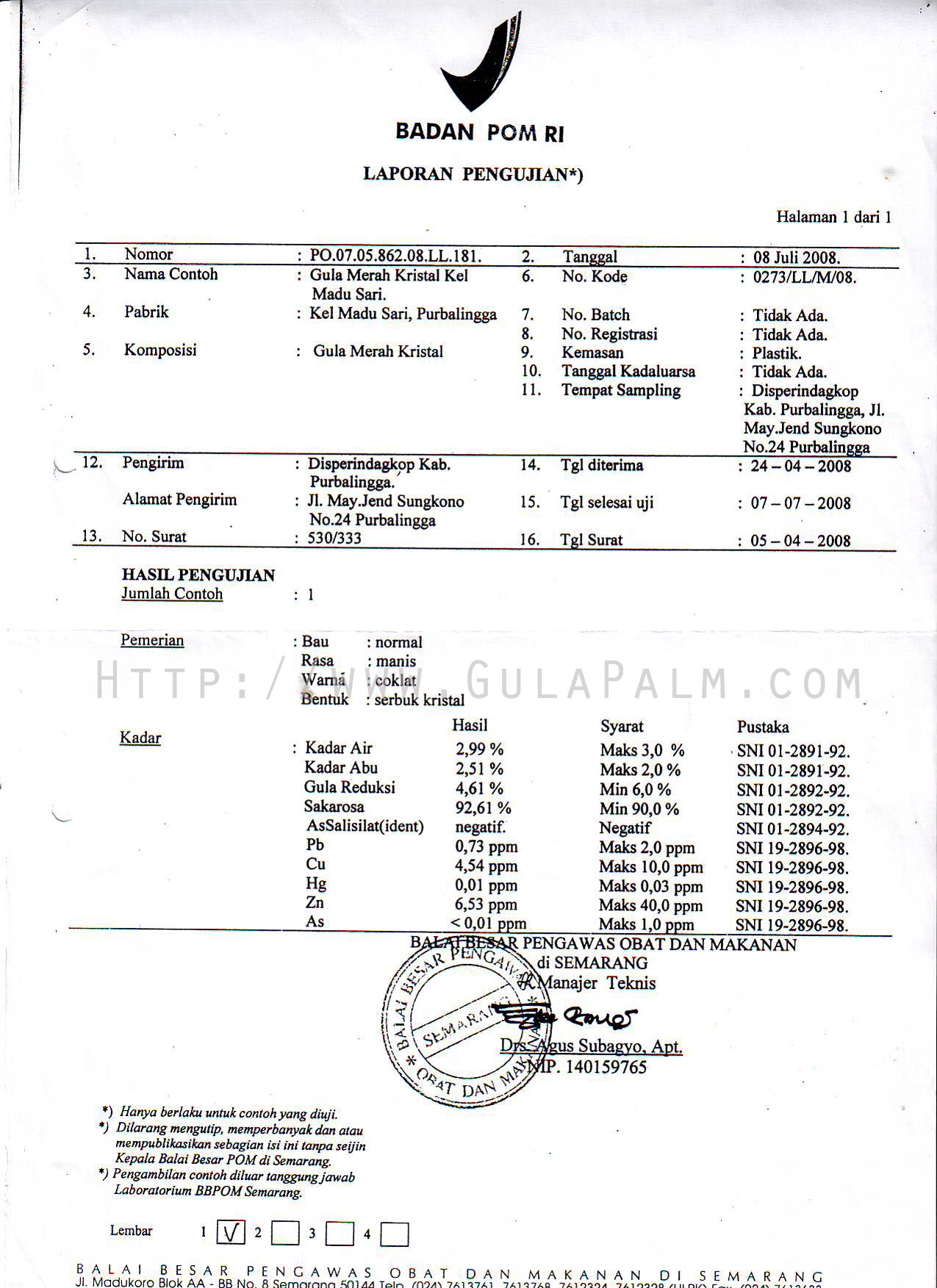 sertifikat BPOM gula palm